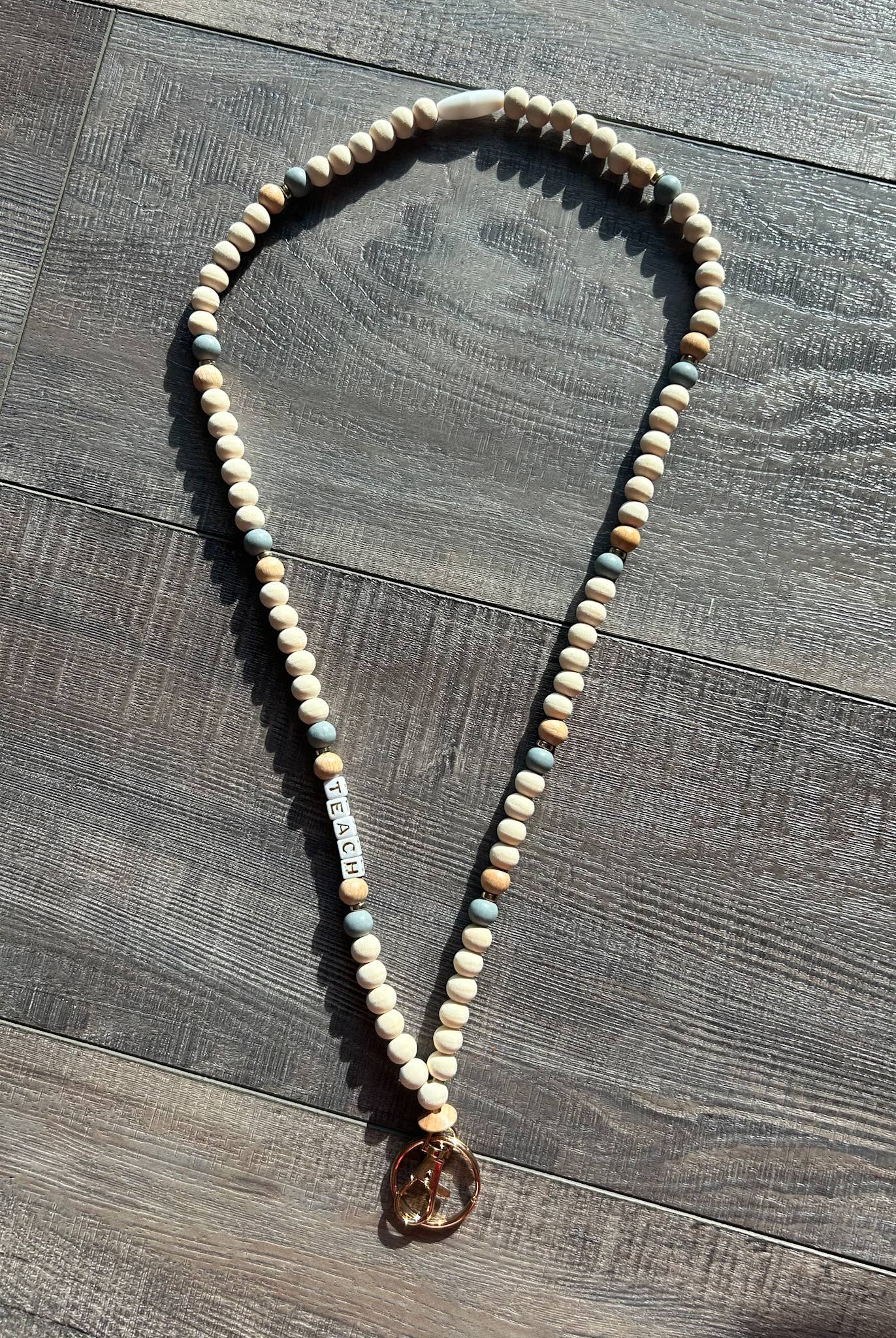 Teach Grey and Wood Beaded Lanyard with Breakaway Clasp JInk