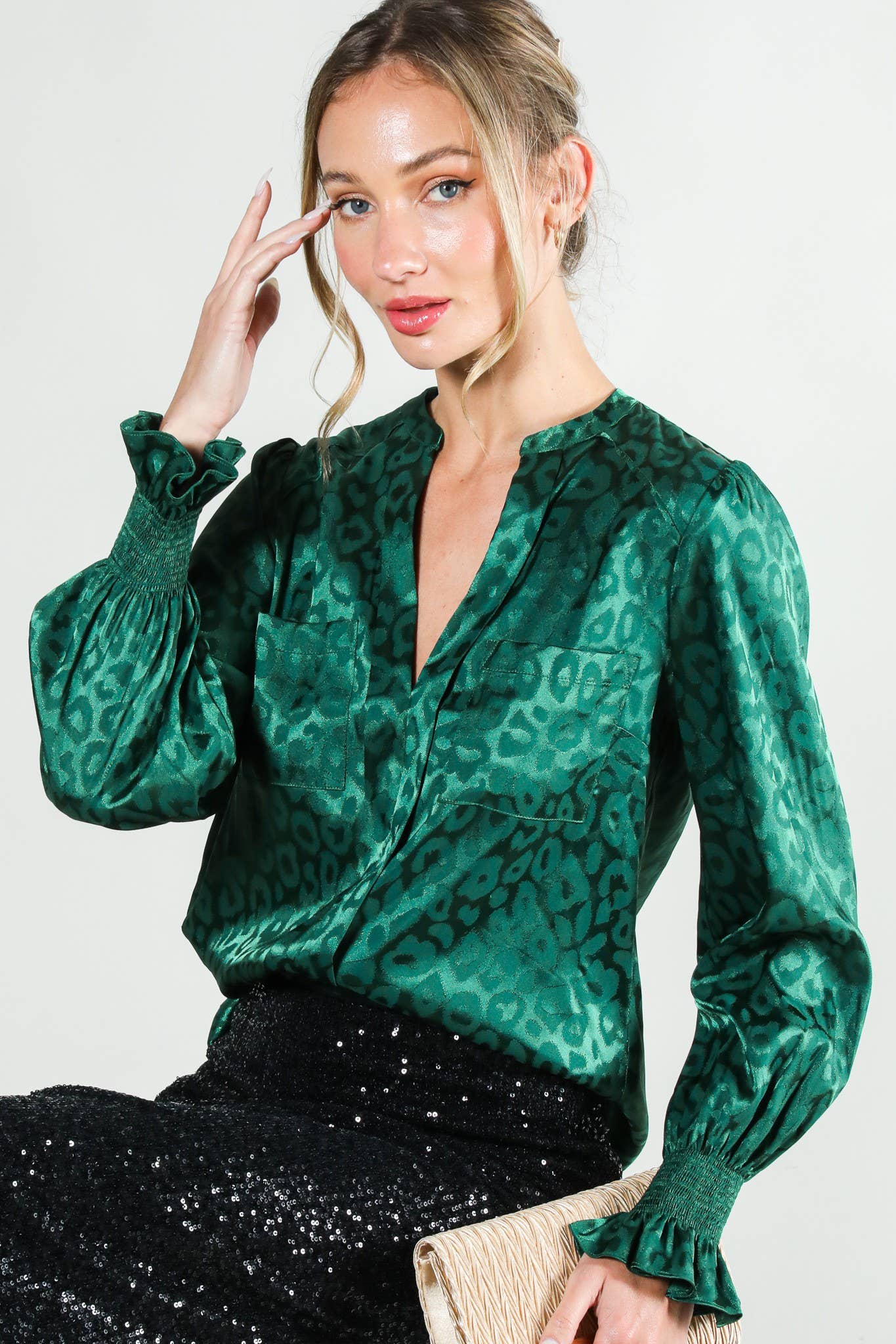 Black V-Neck Animal Jacquard Printed Satin Blouse VL