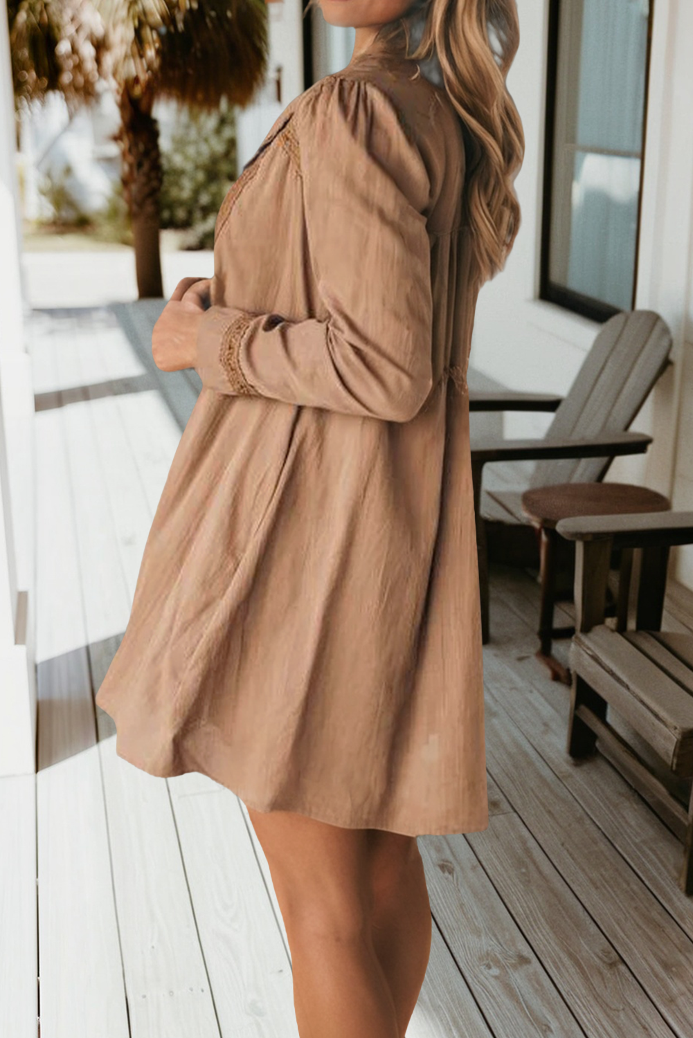 Lace Trim Peter Pan Collar Long Sleeve Shirt Dress (S-XL): Brown 66