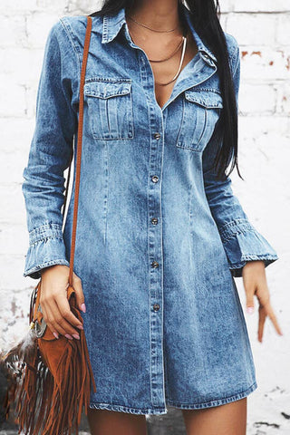 Washed Button Up Denim Mini Dress with Pockets Unishe Blue