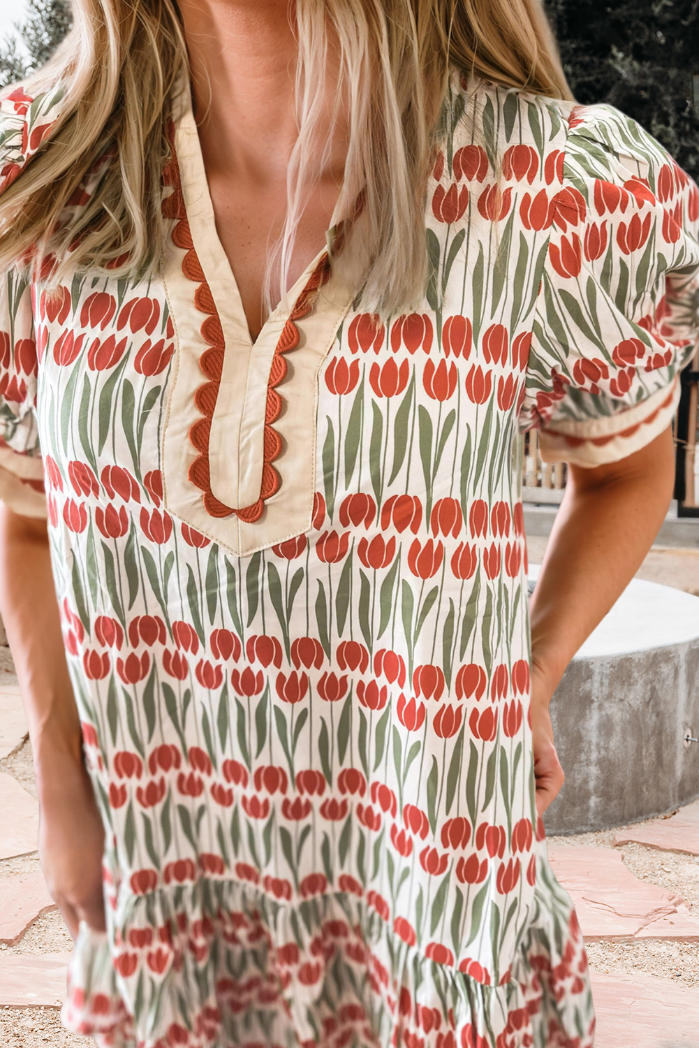 Tulip Floral Print Cotton Puff Sleeve Mini Dress