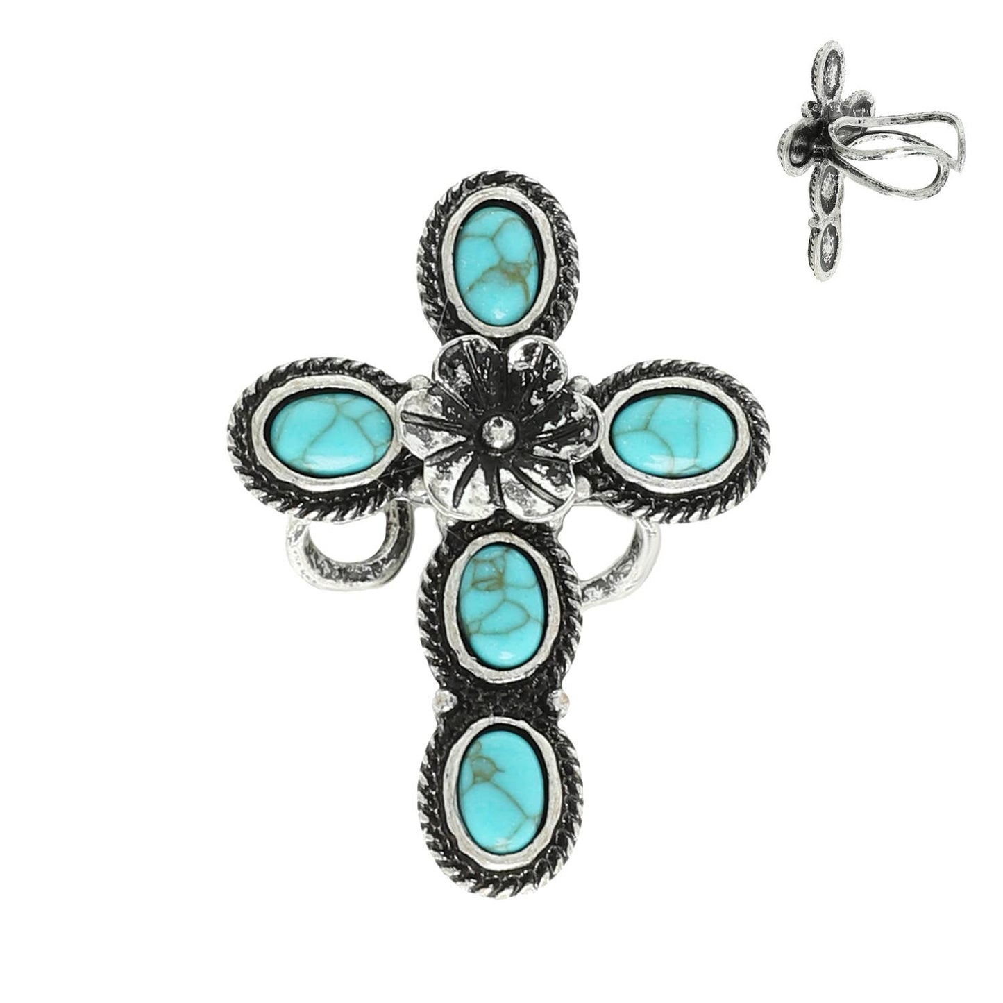 Western Floral Cross Turquoise Gemstone Cuff Ring: Turquoise