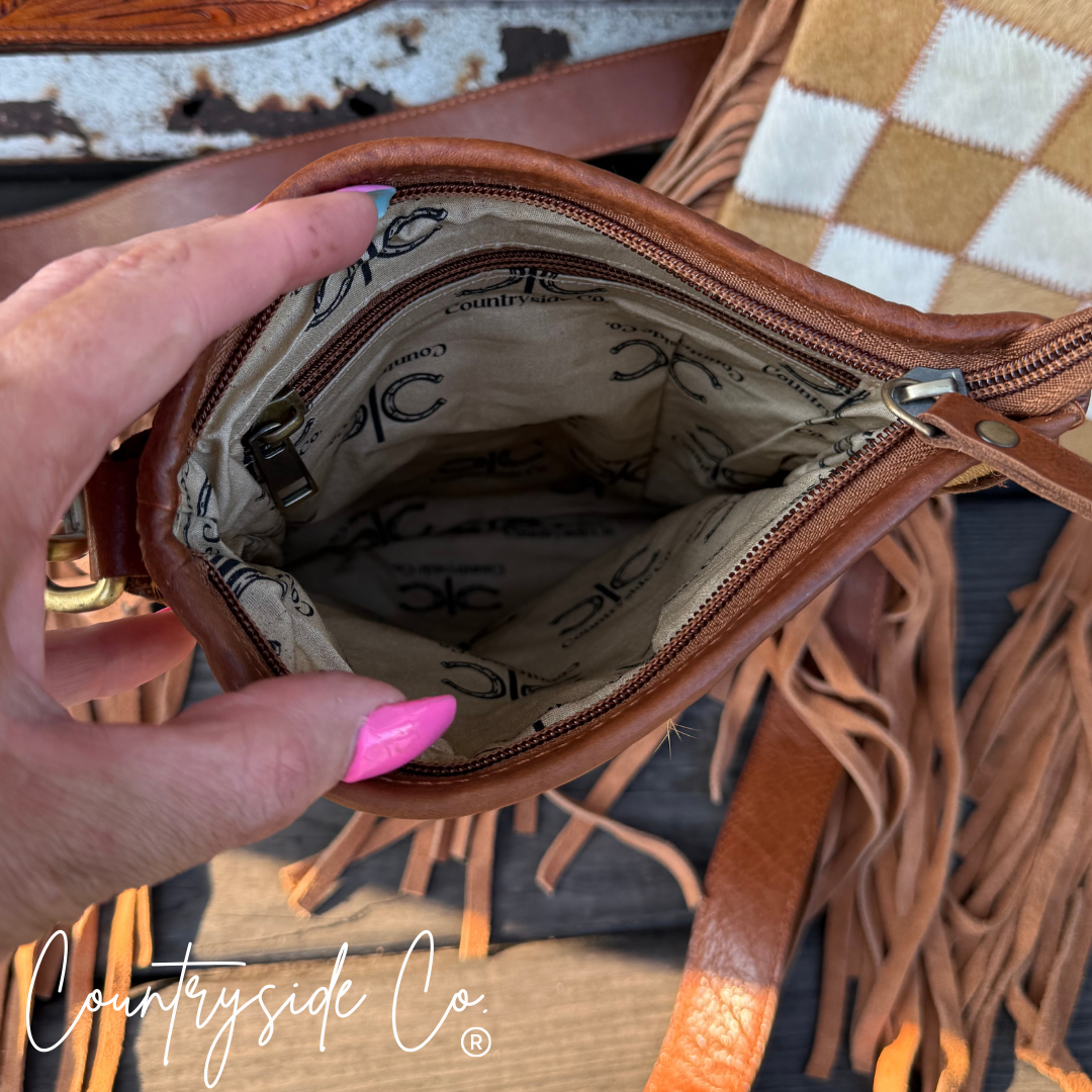 Stockdale Checkered Cowhide Fringe Purse, Brown & White Texas Western Cowhide