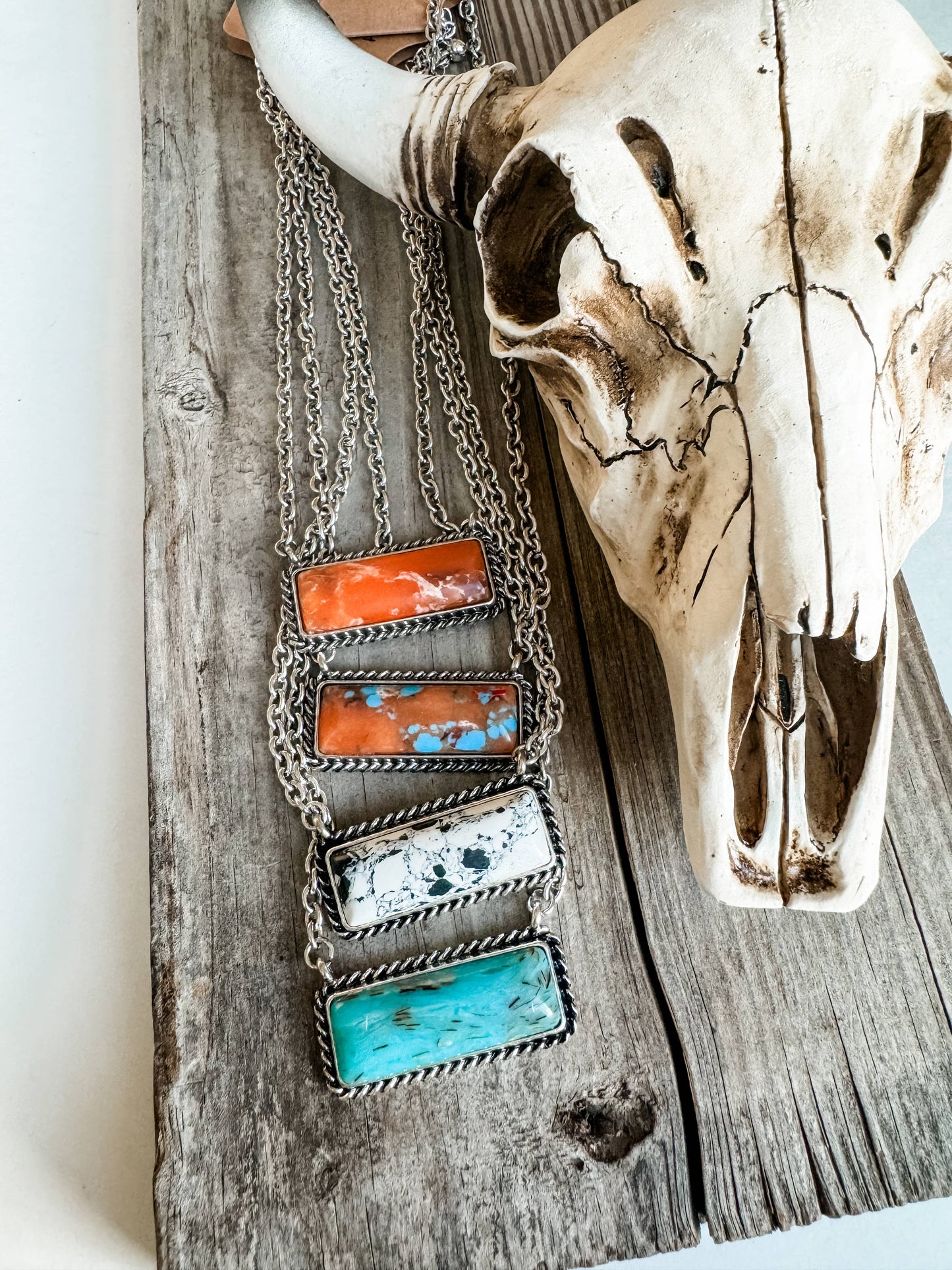 Western Semi Stone Bar Necklace: ORANGE\ TURQUOISE, Turquoise Brown, or Turquoise