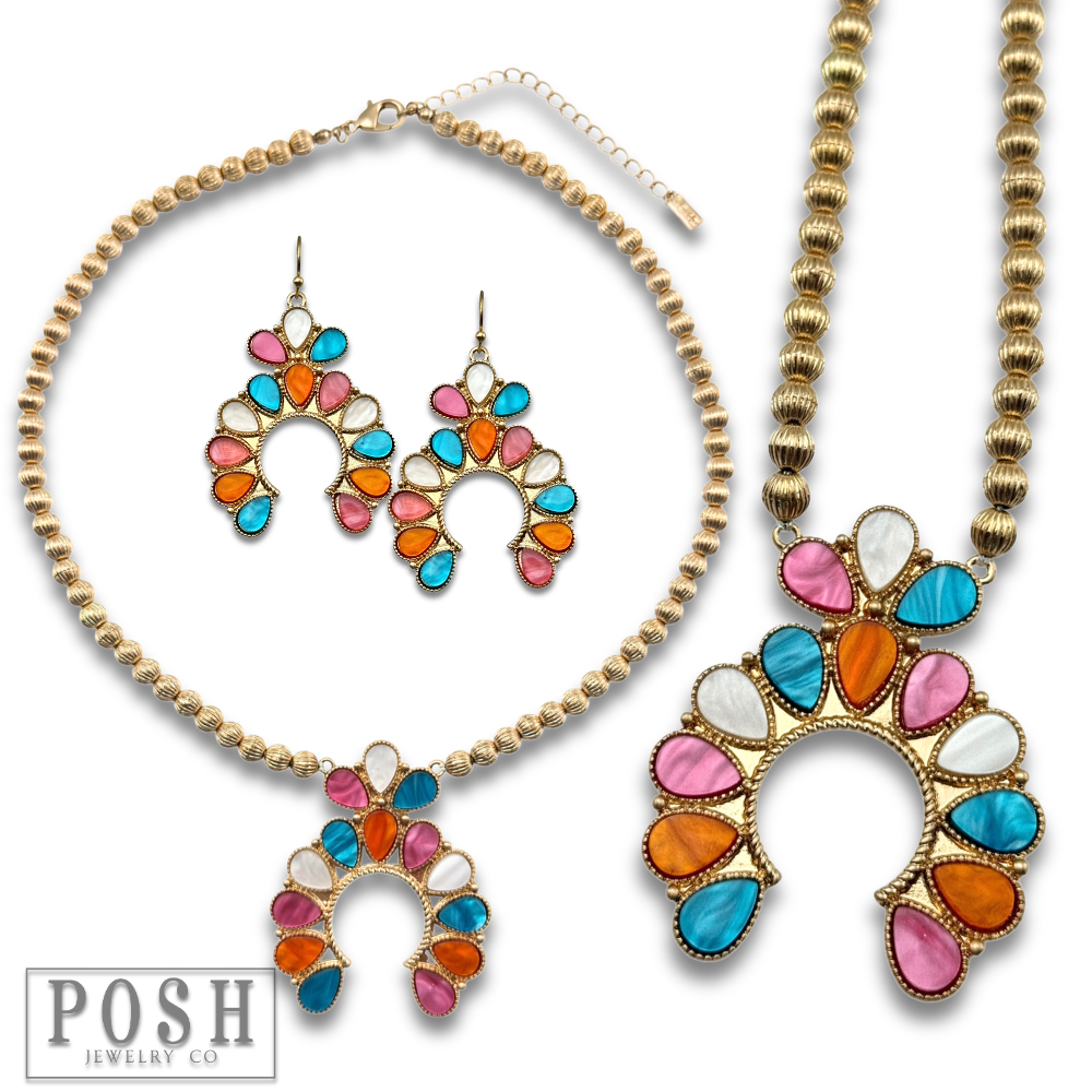 Mother of pearl look squash blossom necklace set: White