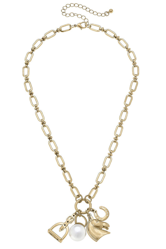 Rosalind Equestrian Charm Necklace in Shiny Gold Canvas