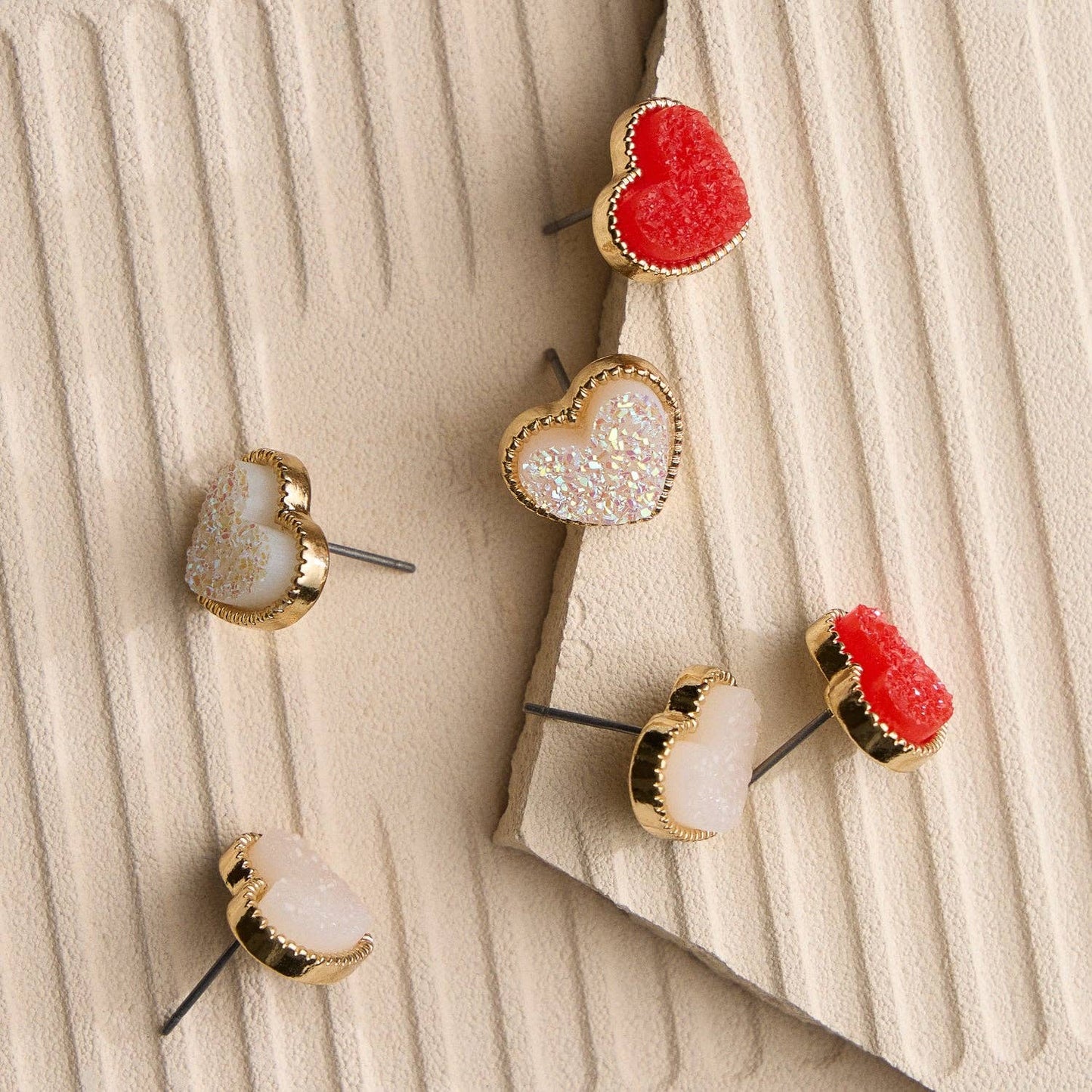 Elegant Gold-Trimmed Druzy Heart Stud Earrings: White/ Red / or Iridescent Shimmer Frem