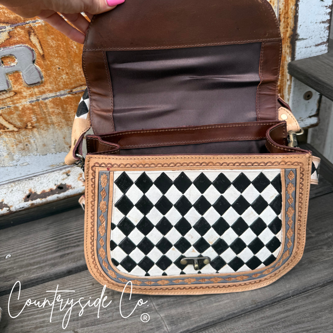 Zadie Tooled Leather Checkered Handbag, Hand Painted Texas Western