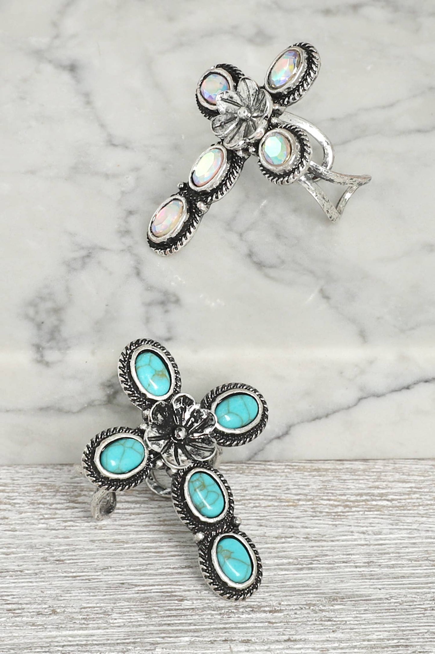 Western Floral Cross Turquoise Gemstone Cuff Ring: Turquoise