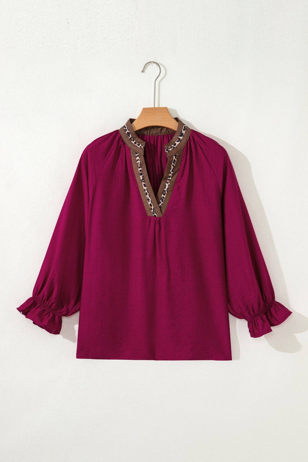 Leopard Trim Flounced  3/4 Sleeve V-Neck Blouse: Violet / M