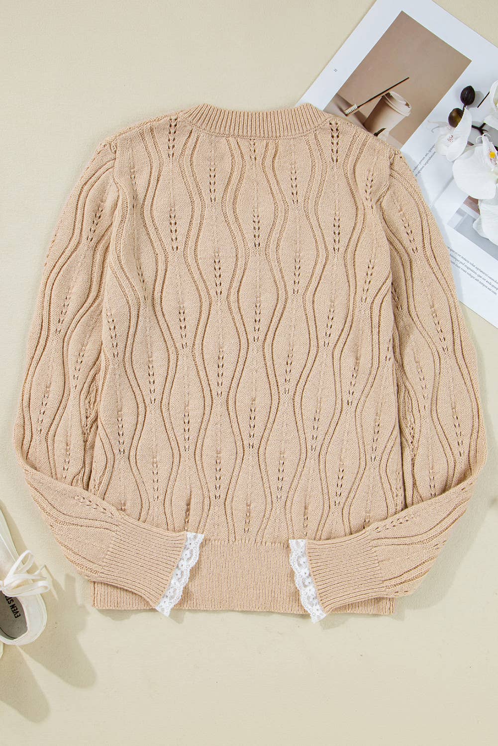 Pearl Beaded Pointelle V Neck Lace Sleeve Sweater (S-XL): Beige 66