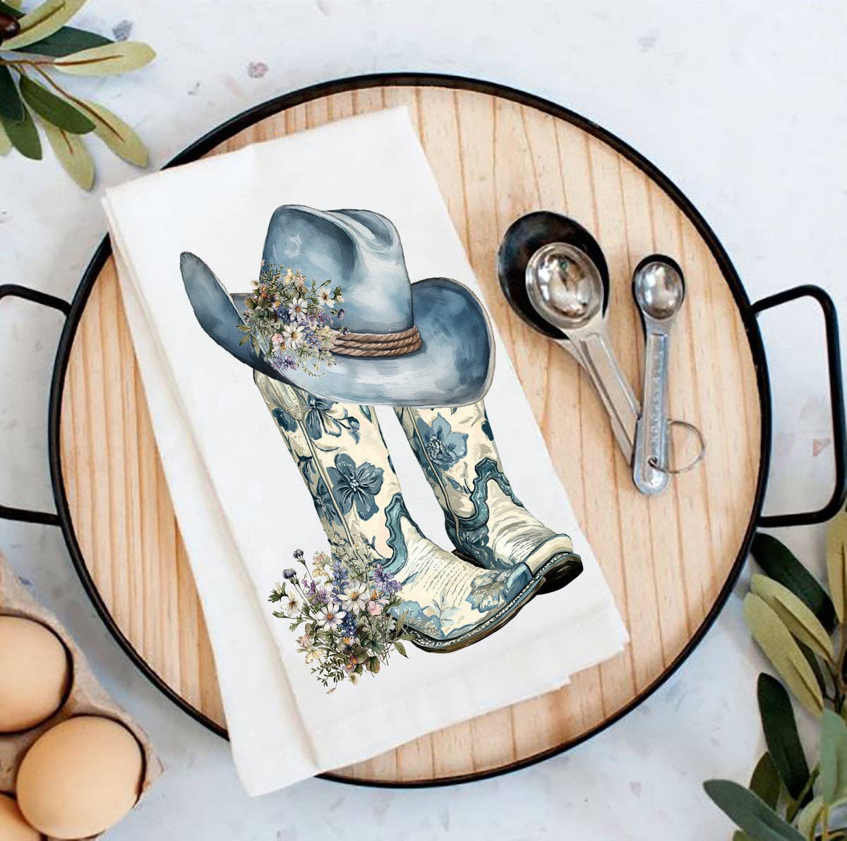 Western Blue & White Cowboy Boots Tea Towel Avery