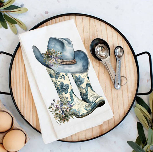 Western Blue & White Cowboy Boots Tea Towel Avery