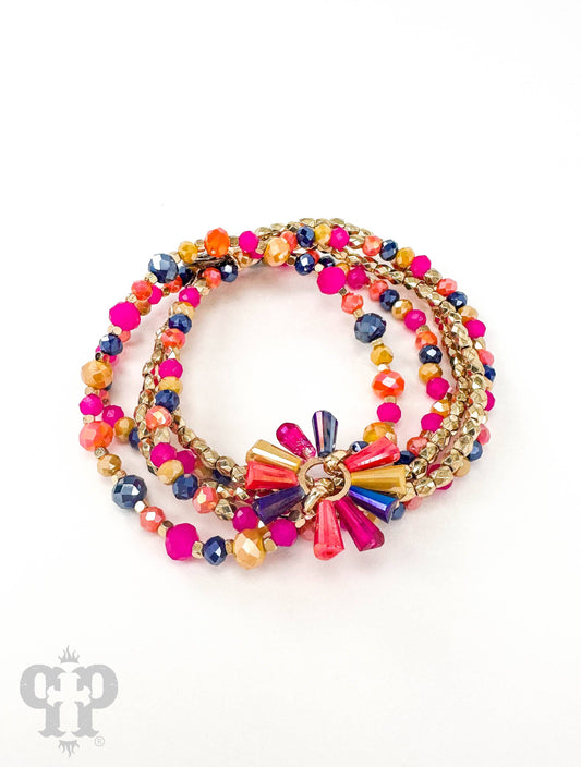 Four strand fluted bead bracelet - LC: Bright Multi-Color, Black, Light Multi Color, or Fuchsia PP