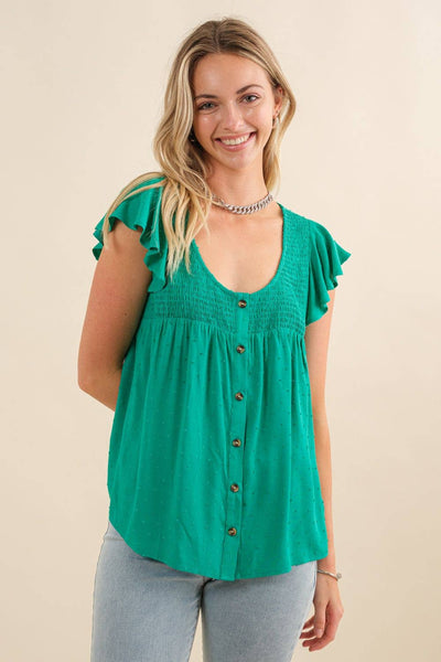 Smocked Yolk Ruffle Cap Sleeve Button Down Top: Kelly Green