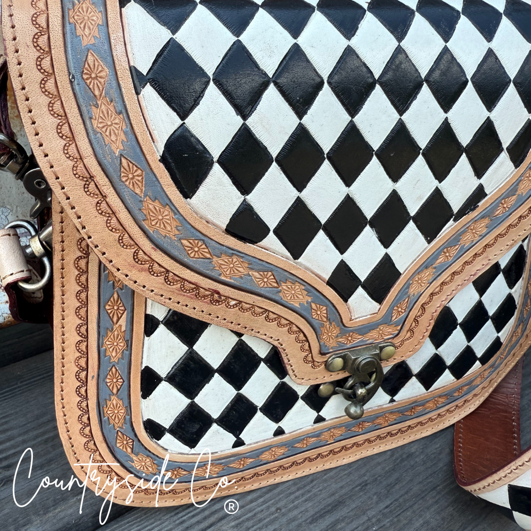 Zadie Tooled Leather Checkered Handbag, Hand Painted Texas Western