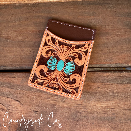 Tooled Leather Credit Card Holder: Brown Countryside