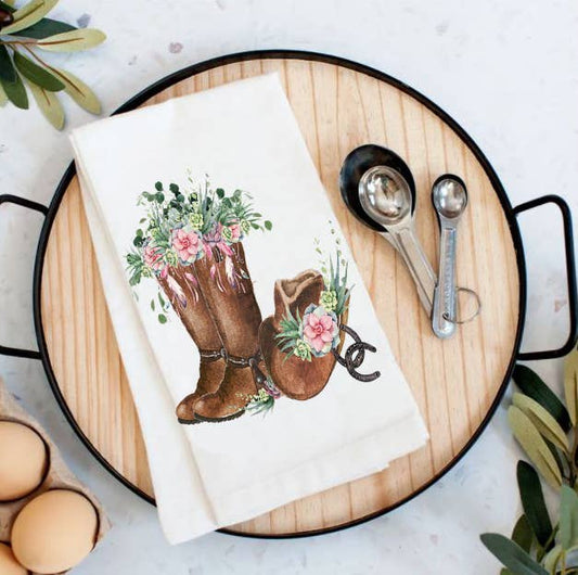 Western Cowboy Boots Flowers Southwestern Cotton Tea Towel