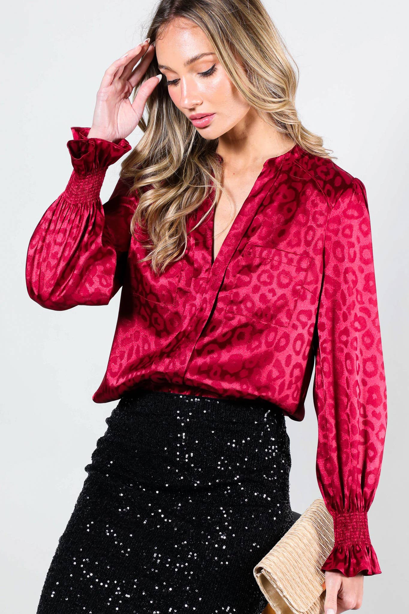Black V-Neck Animal Jacquard Printed Satin Blouse VL