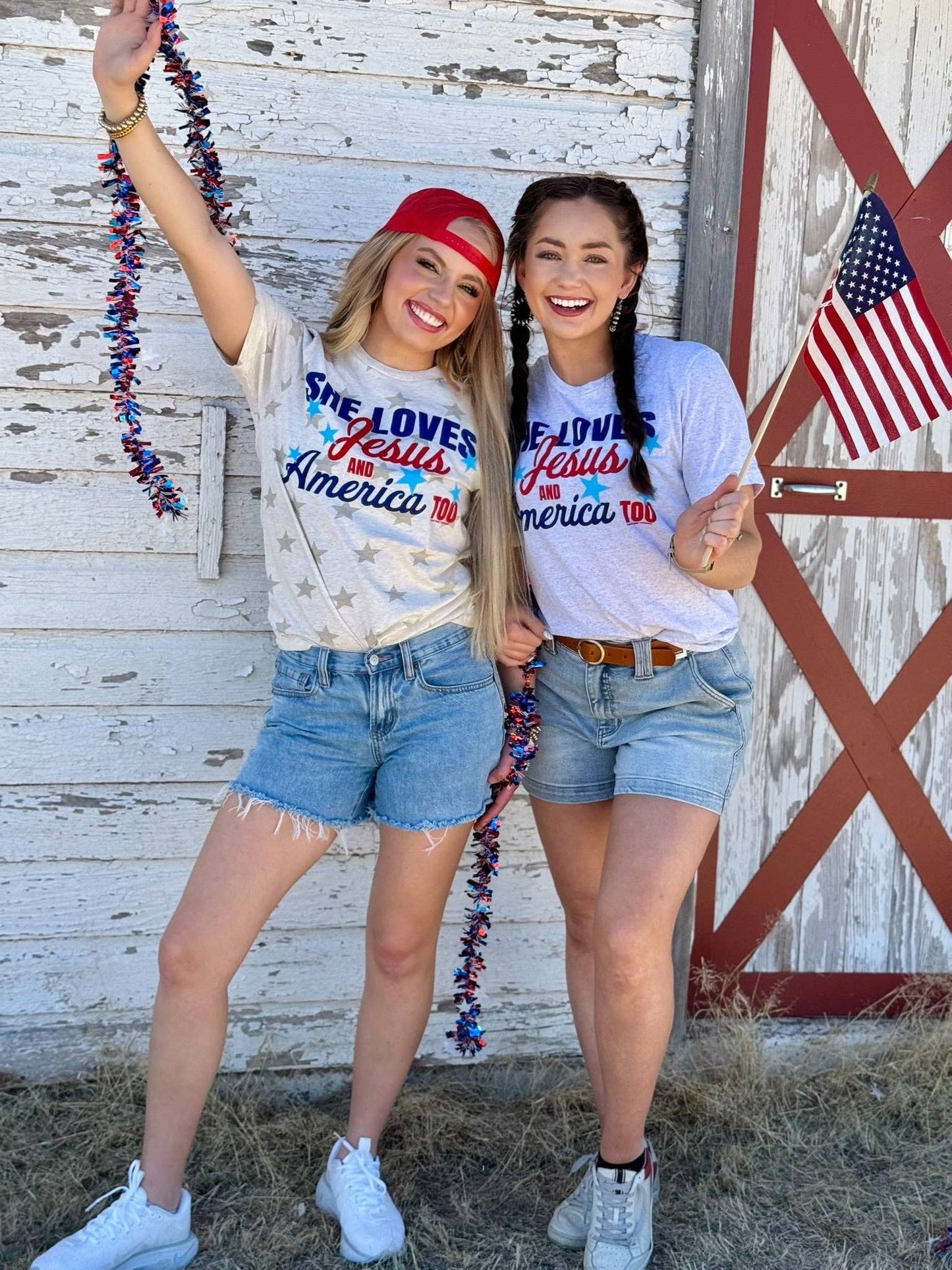 She Loves Jesus & America Too Tee & Tank: White Fleck / Texas True