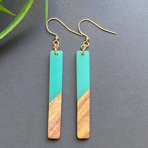 Teal Resin and Wood Earrings Drop Dangle: Teal Marble designs