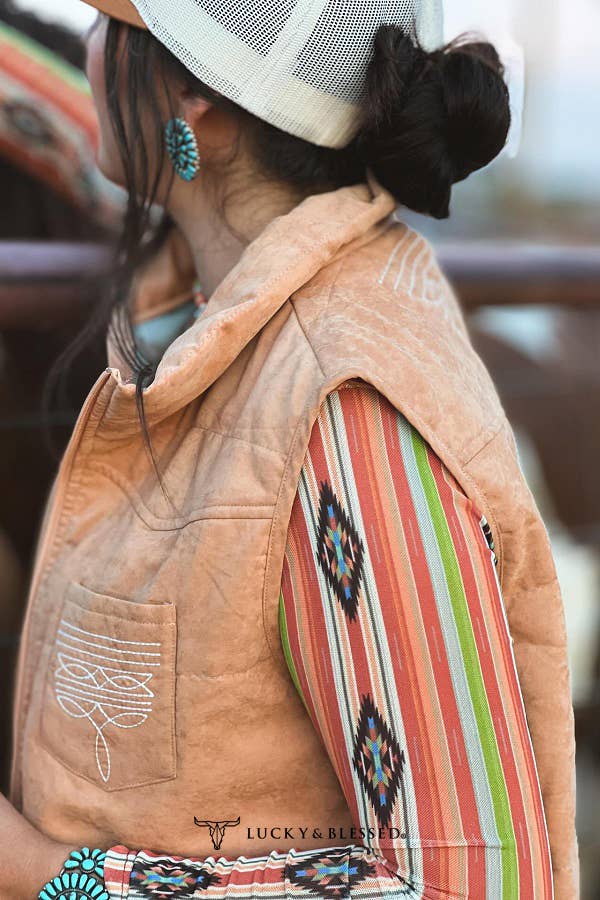 Camel Puffer W Aztec Lining Boot Stitch Detail Vest: