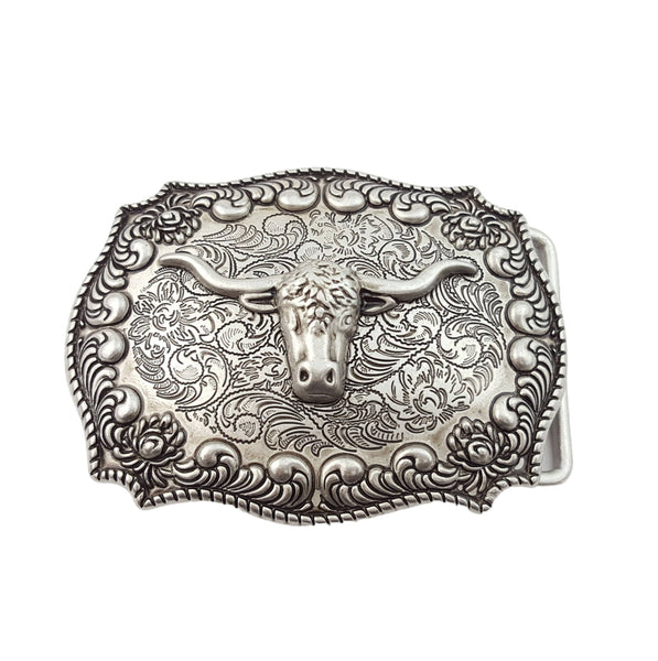 Western Antique Silver Long Horn Design Belt Buckle Axesoria