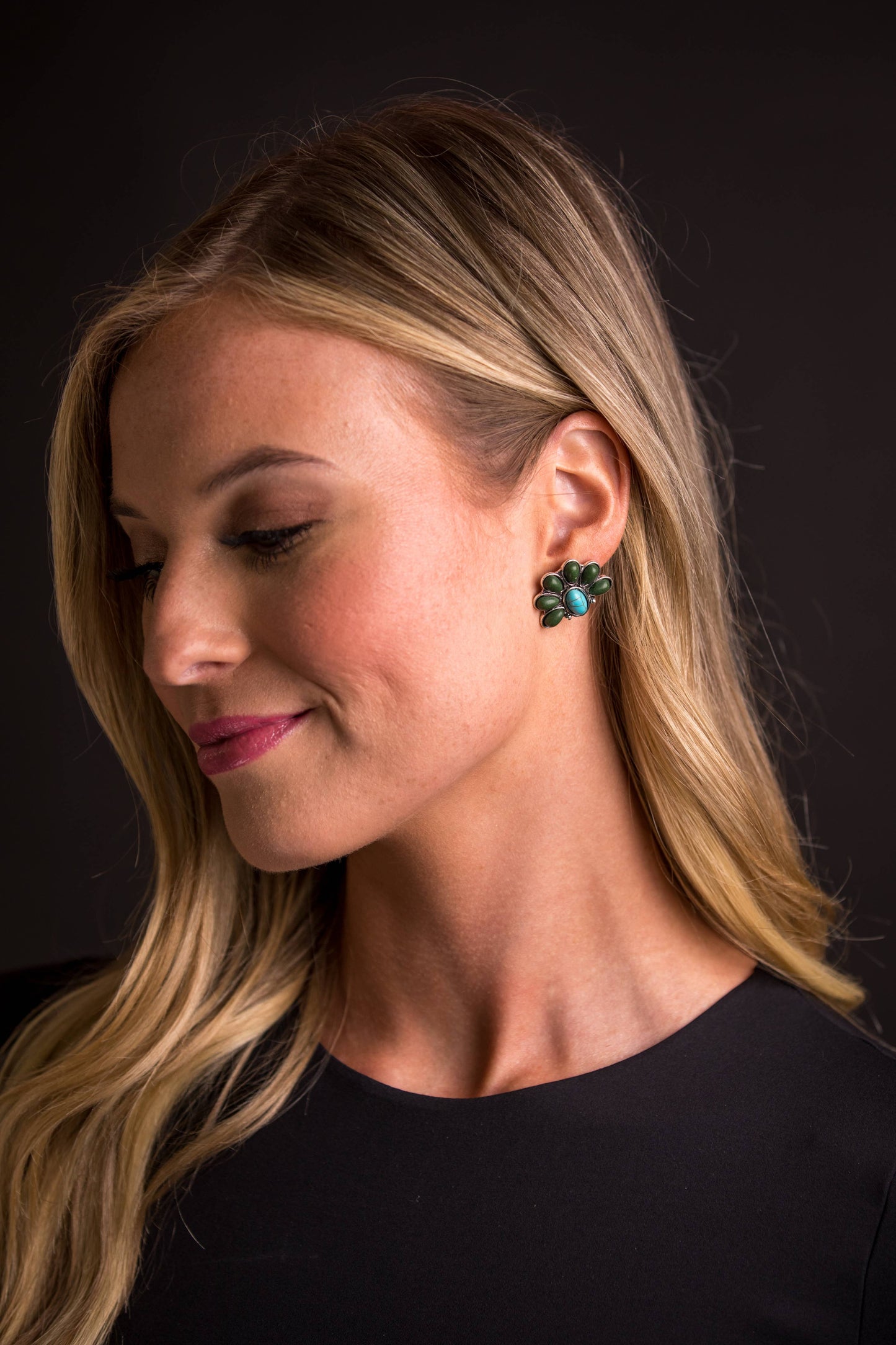 1" Turquoise and Green Half Flower Post Earring Westco