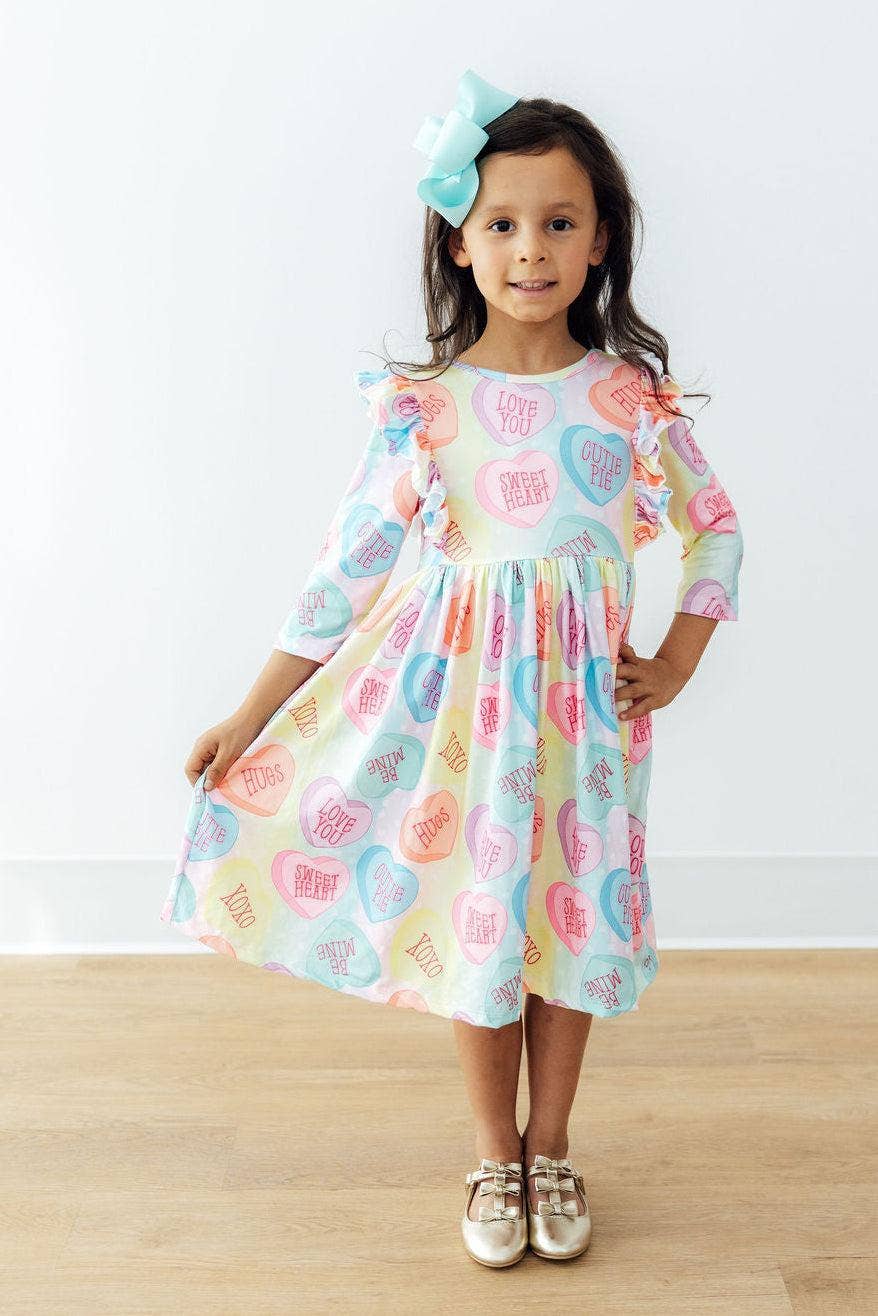 Conversation Hearts 3/4 Sleeve Ruffle Twirl Dress: Mila