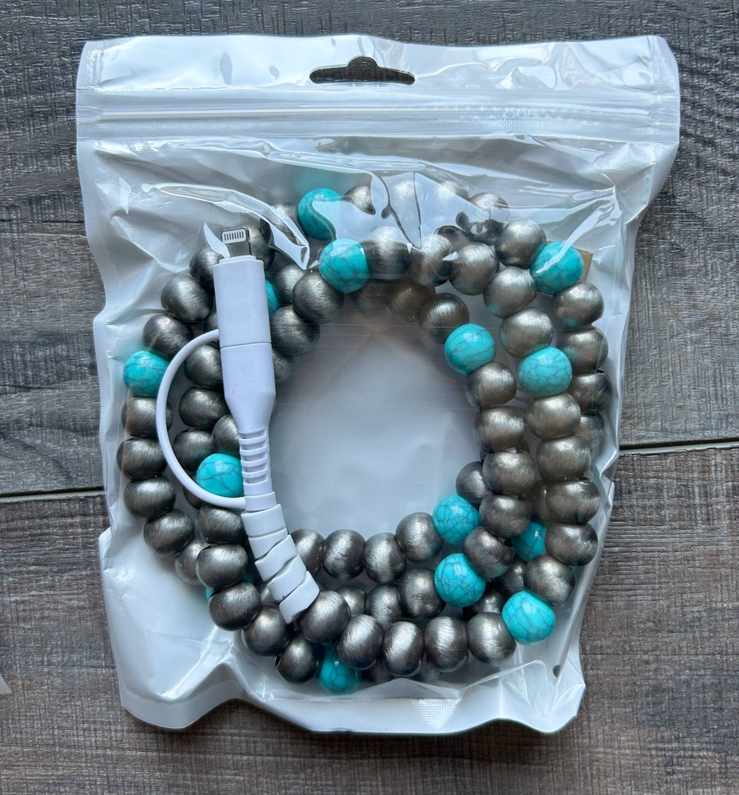 Turquoise Beaded Phone Charger with Lightning & USB-C  JInk Tx/ Fl