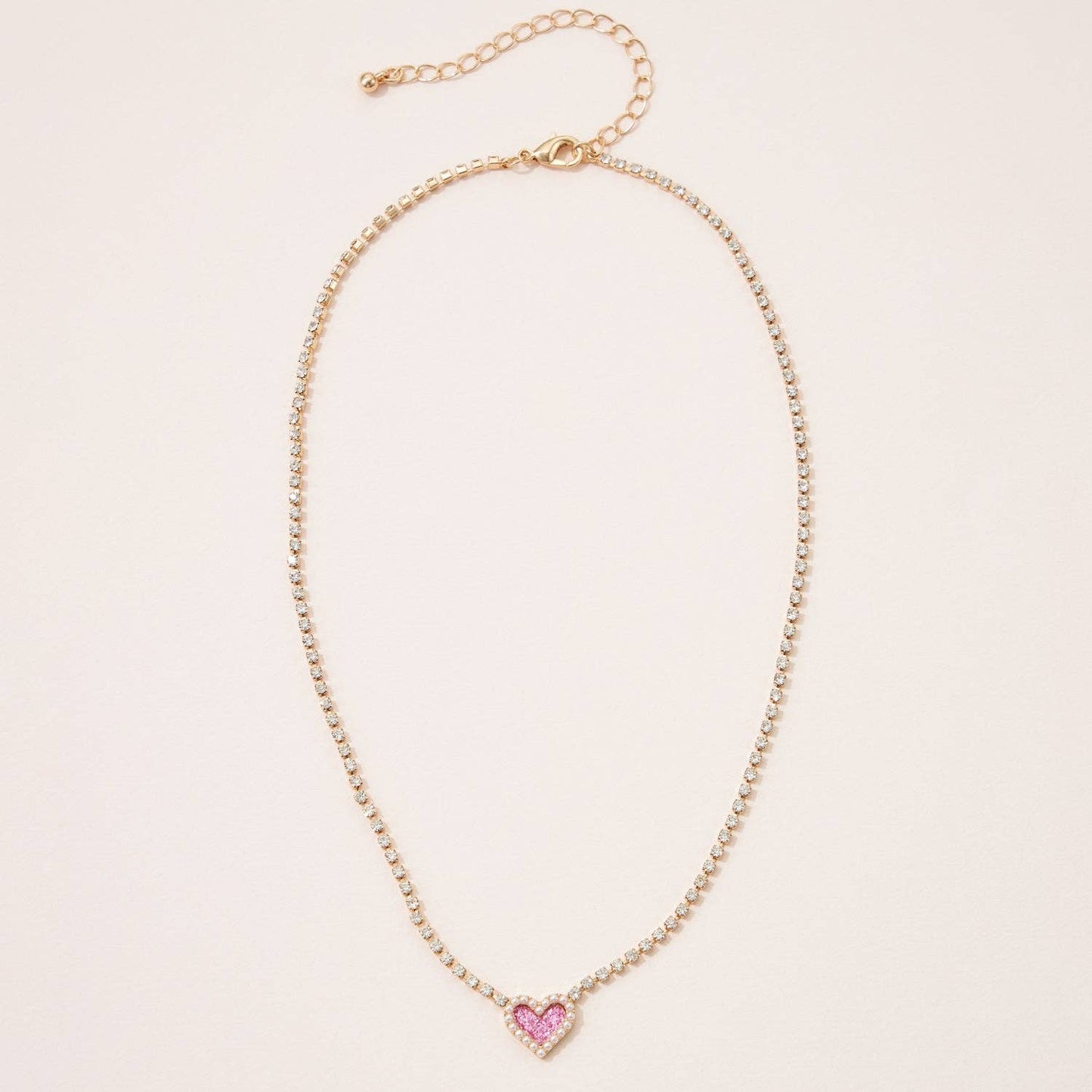 Heart Pendant Necklace with Clear Stone Line for Valentine's Day: Pink