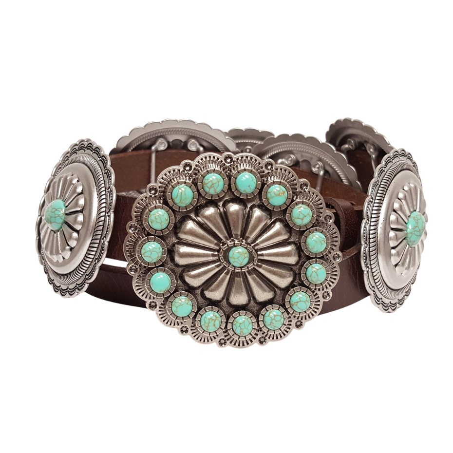 Genuine Leather belt w. full-packed oval stone conchos: Brown / Axesoria