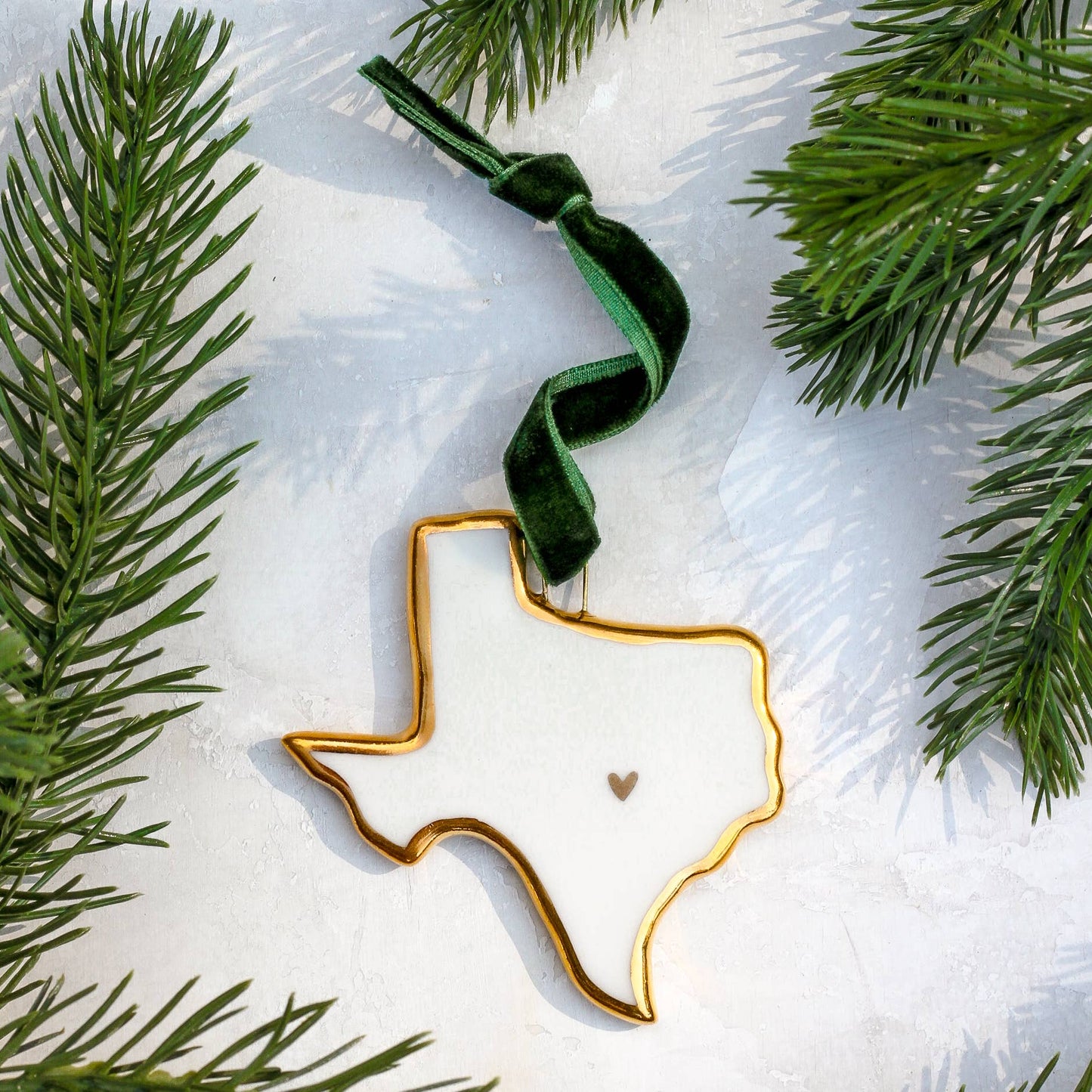Texas Handmade Porcelain State Ornaments with Gold Heart: Heart