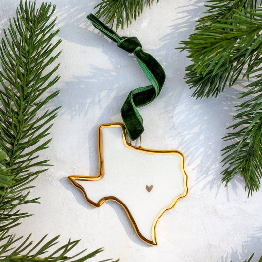 Texas Handmade Porcelain State Ornaments with Gold Heart: Heart