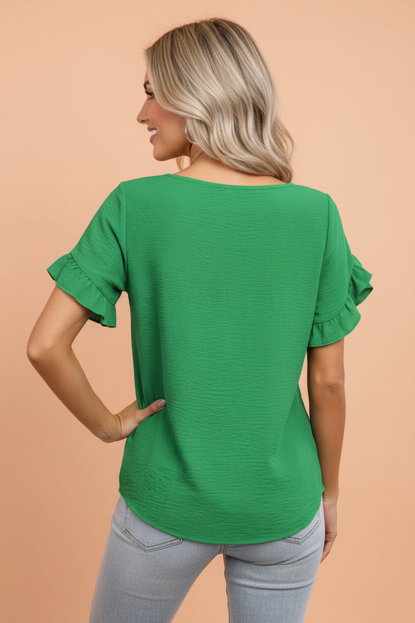 PRETTY BASH Solid Ruffle Trim Short Sleeve Blouse: Sea Green / M