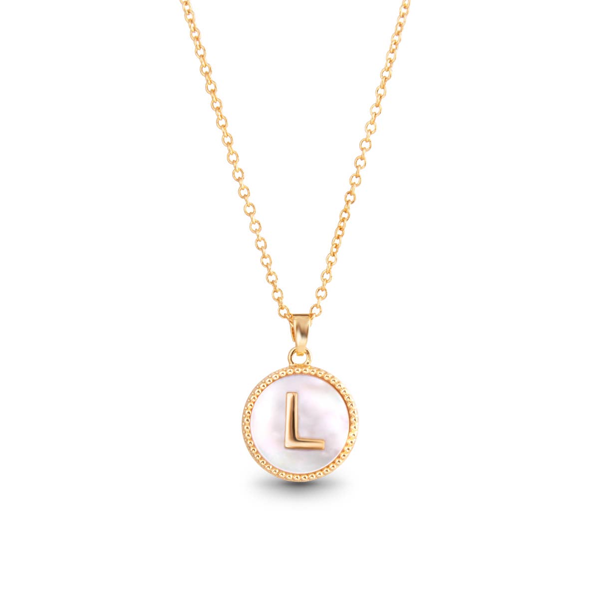 Gold Mother of Pearl Initial Necklaces | 18 Letters: M