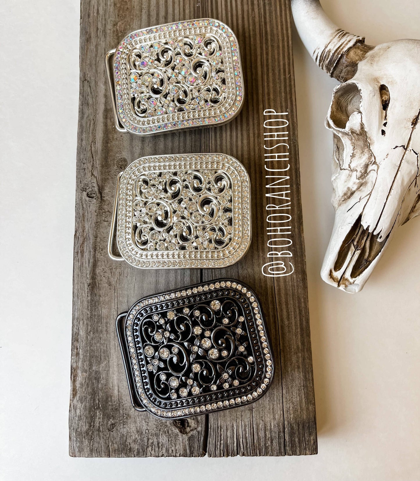 Rhinestone Belt Buckle Bling - SMALL - Western Belt Buckle: Silver Boho Ranch