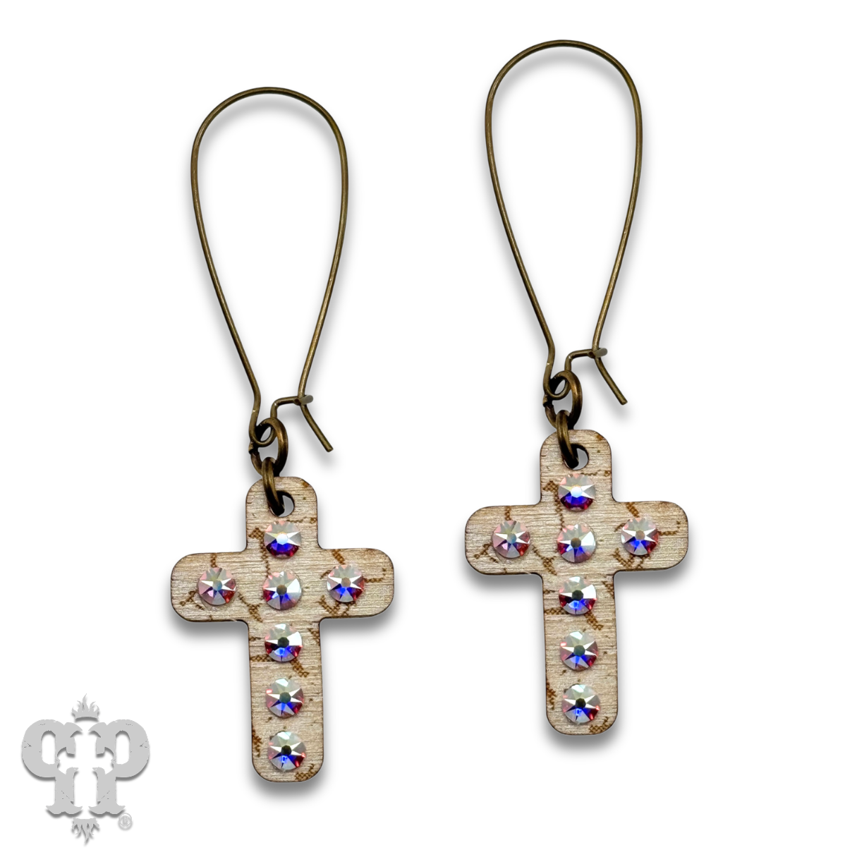 Mini wood cross earring with Austrian crystals: Pink