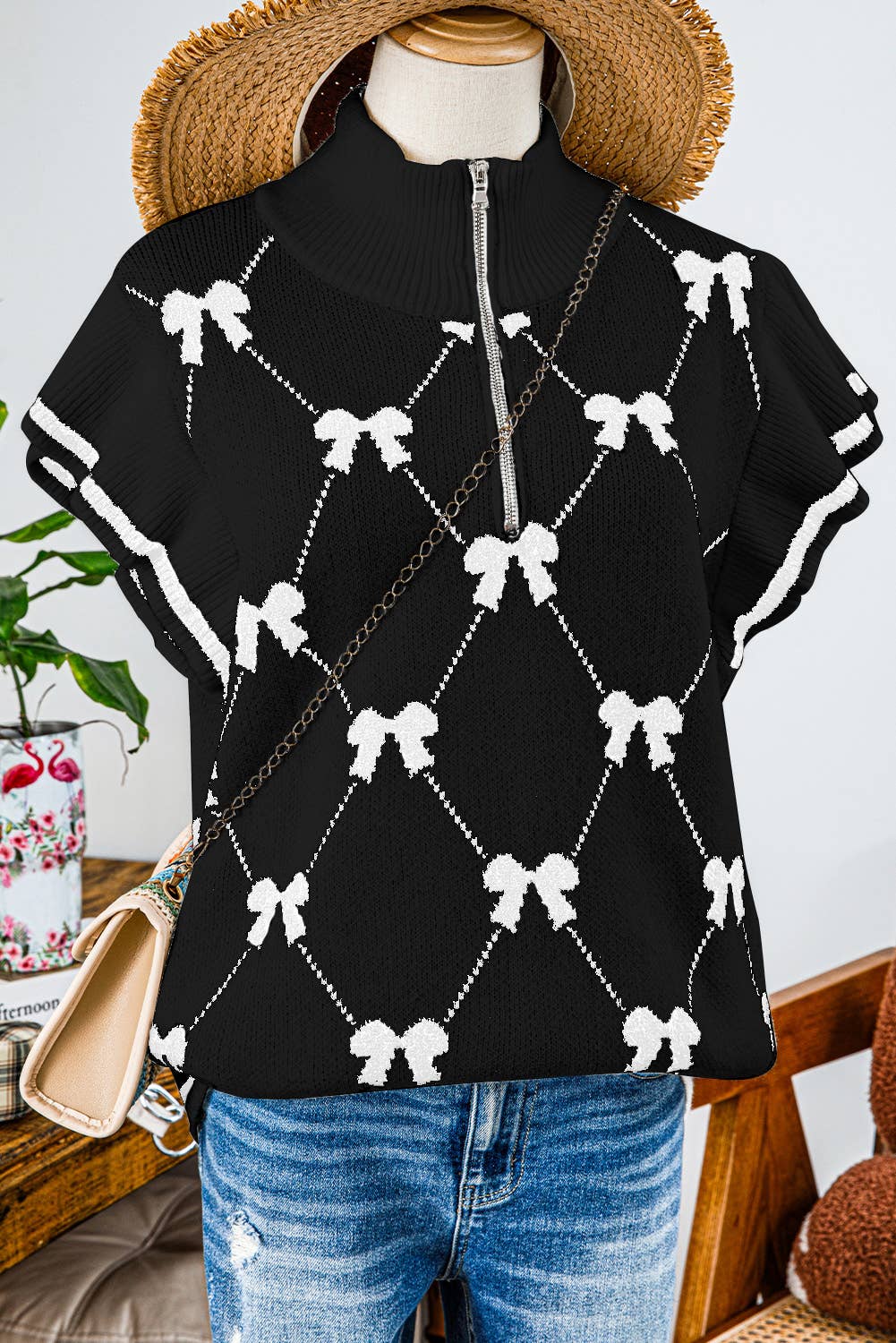 Fashion-W Preppy Vibes Bow Print Zipped Collar Sweater Tee: Black with White Bow Fashionw