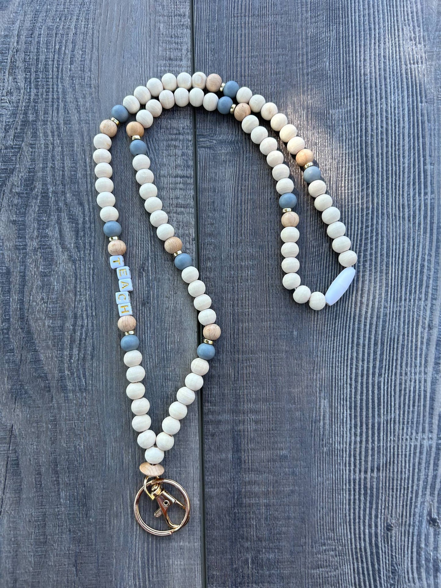 Teach Grey and Wood Beaded Lanyard with Breakaway Clasp JInk