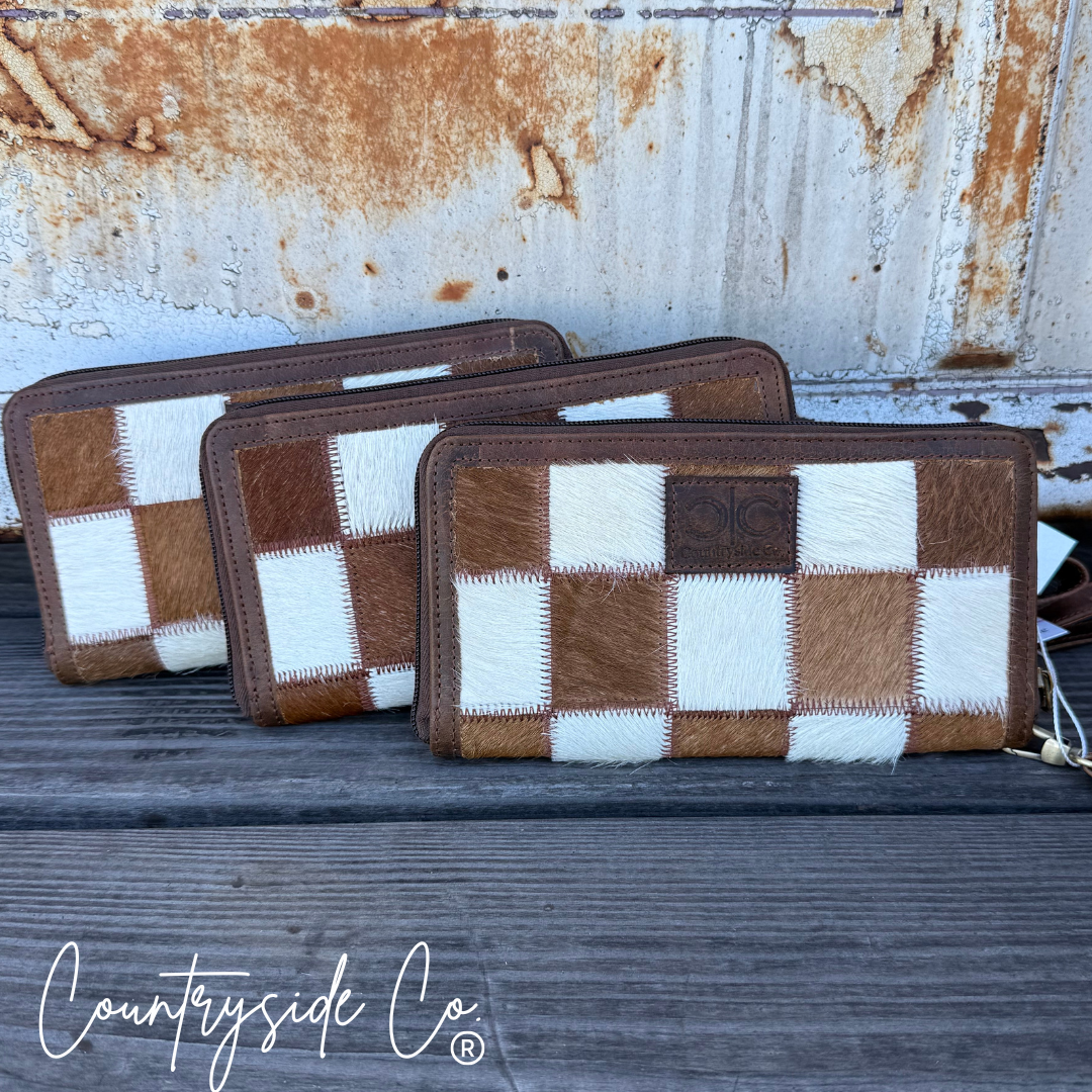 Checkered Cowhide Womens Wallet Wristlet Trendy: Black Or Brown Texas Western Cowhide