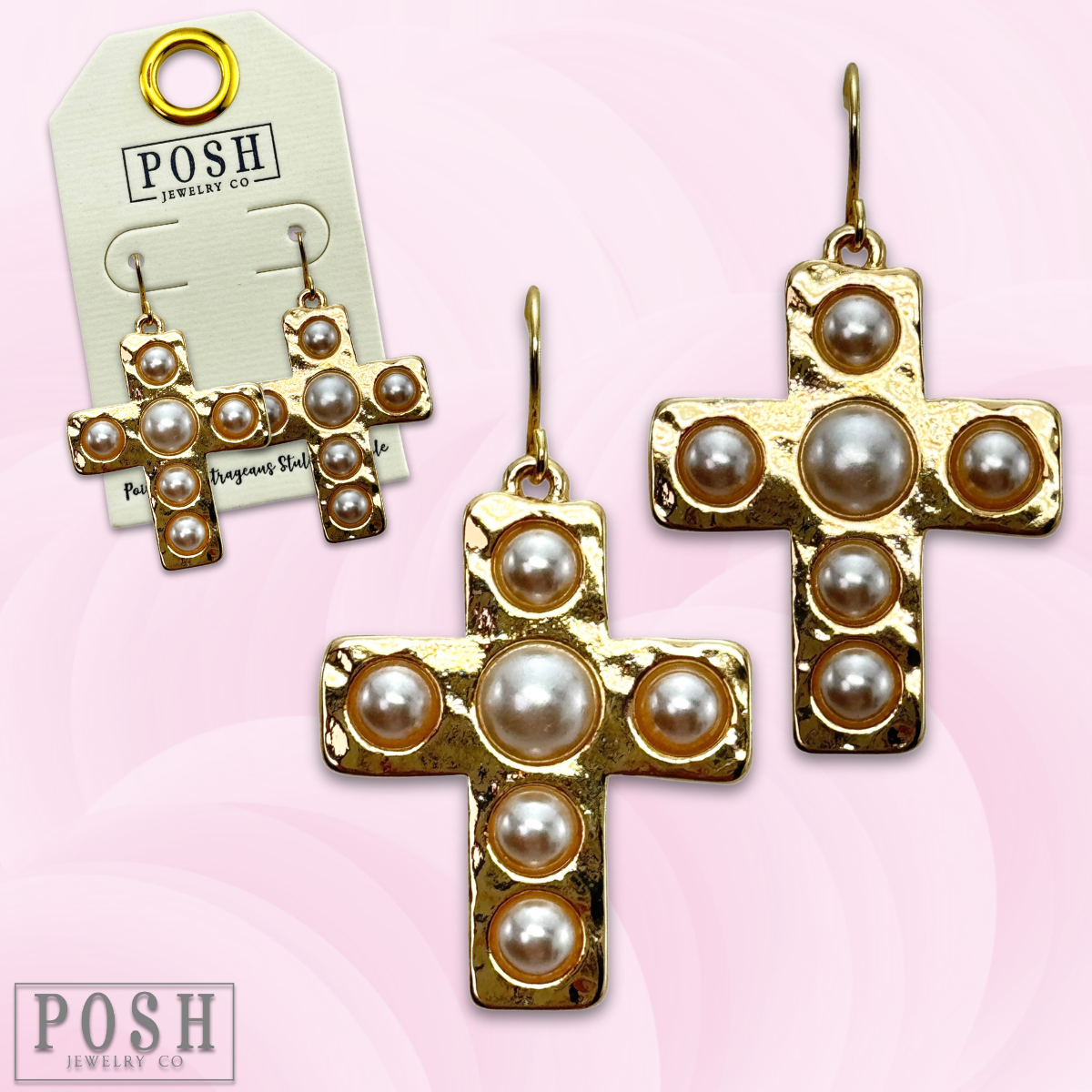 Pearl bead cross earring: Gold
