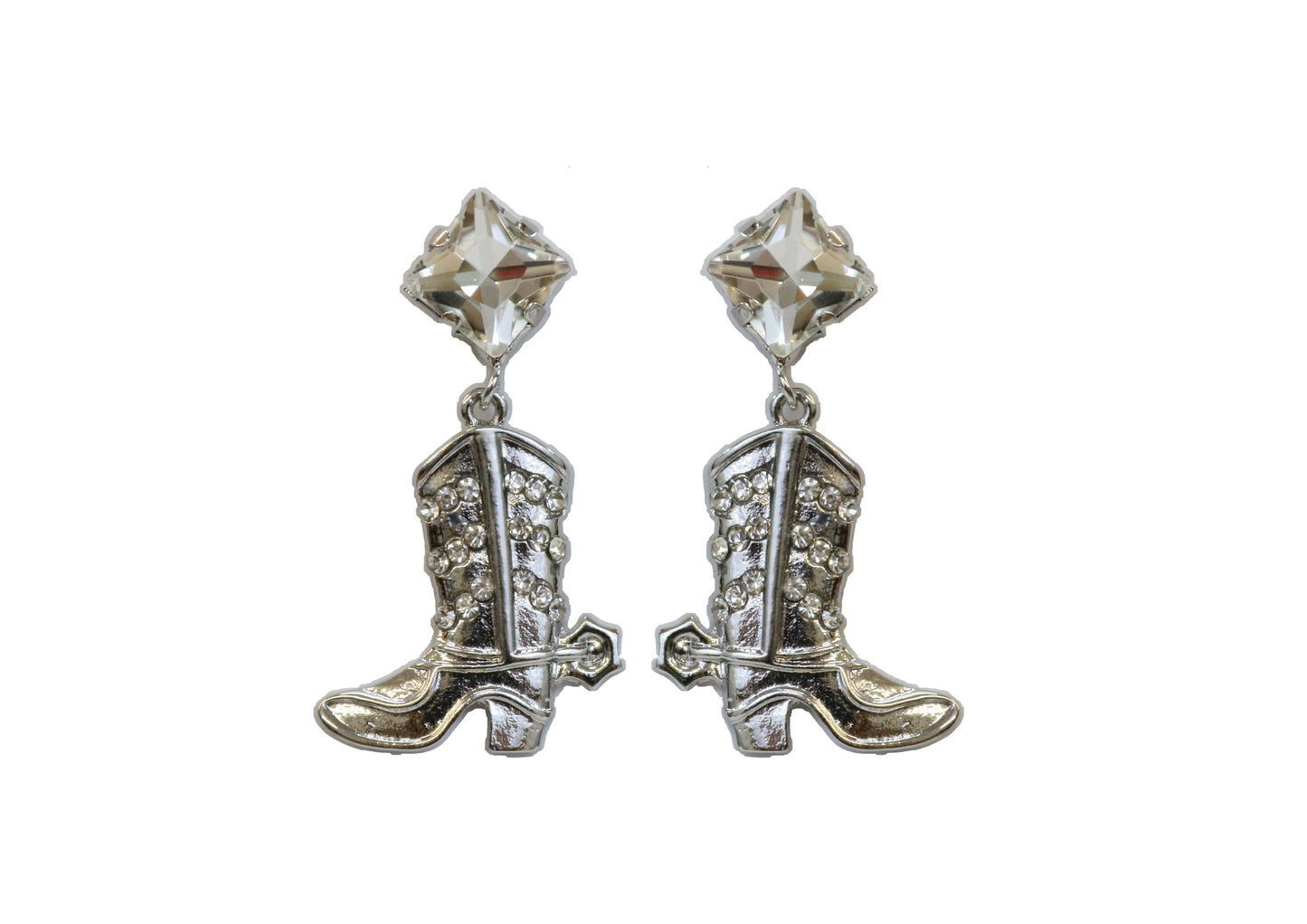 Silver Rhinestone Cowboy Boot Earring on Rhinestone Post West Co