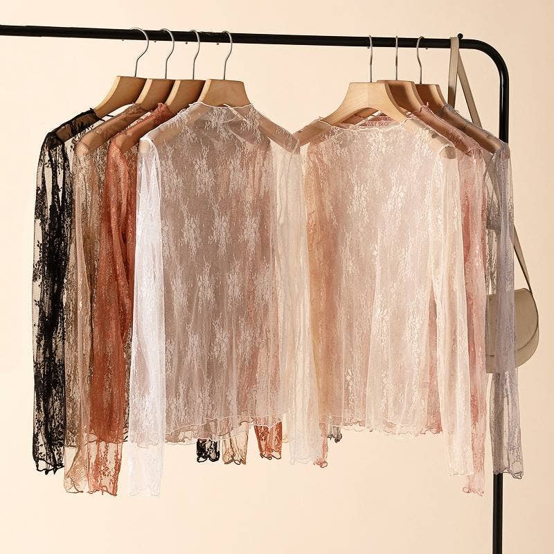 Semi Sheer Mesh Floral Lace Layering See Through Top: Cream/Off White Rosa