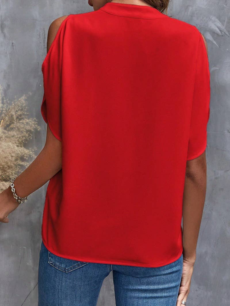 V-NECK STYLISH SLEEVED WOMEN'S BLOUSE: RED Lily Clothing