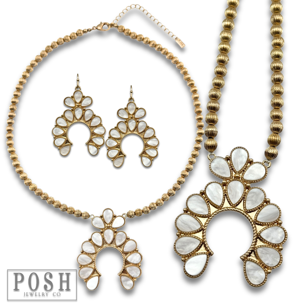 Mother of pearl look squash blossom necklace set: White