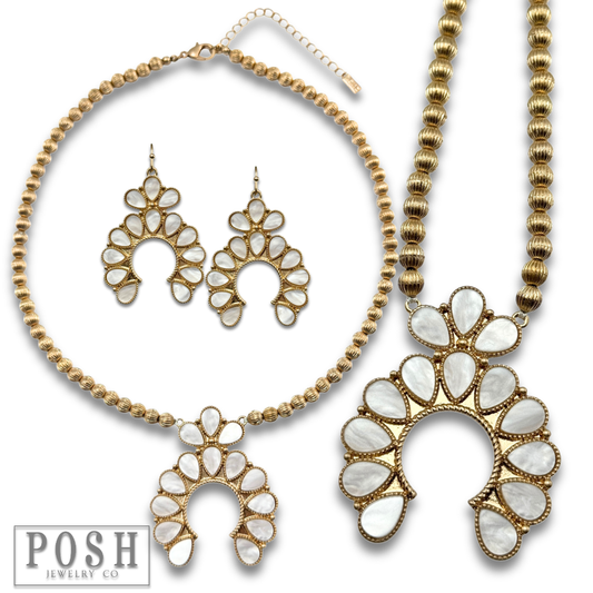 Mother of pearl look squash blossom Necklace and Earrings set: White PP