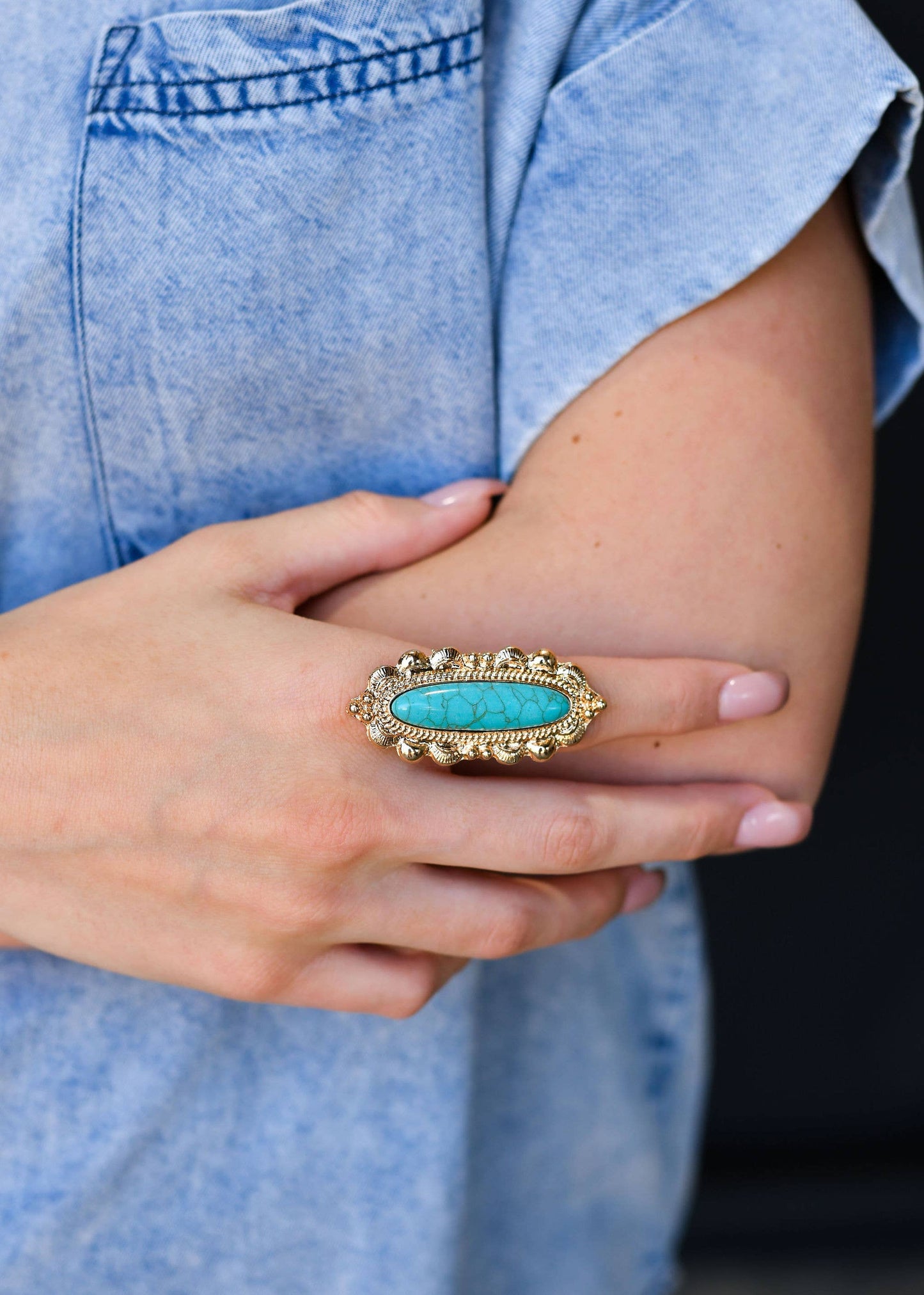Adjustable Elongated Gold and Turquoise Ring Westco