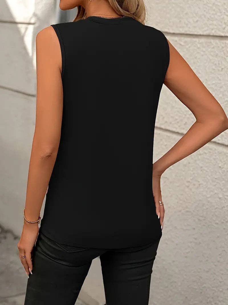 Burgundy Sleeveless Top Crew Neck Minimal Chic Tank: Black / 65%Rayon + 35%Polyester / L