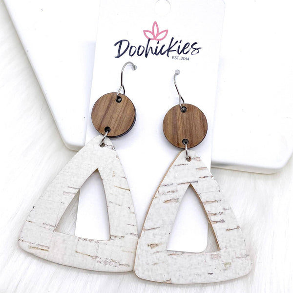 3" Wood & White Linen Triangles (cork) -Earrings Doohickie